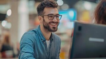 A smiling man with glasses looks at a laptop screen in a bright, modern environment. photo