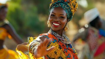 Portrait of a smiling woman in traditional African attire photo