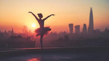 Ballerina Silhouette Against City Skyline at Sunset photo
