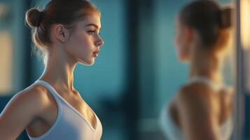 Woman in a White Tank Top Looking at Her Reflection in a Mirror photo