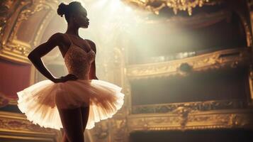A Ballerina in a Pink Tutu Poses Onstage with a Spotlight photo
