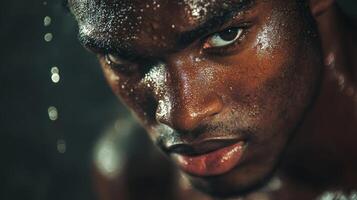 Close-up Portrait of a Sweating Man's Face photo