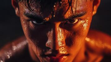 Close-up Portrait of a Sweaty Man with Intense Gaze photo