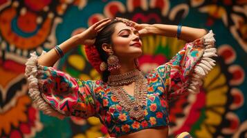 Woman in Traditional Indian Attire Posing with Hands Above Her Head photo