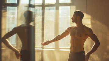 Shirtless man reaching towards his reflection in a window photo