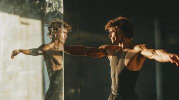 A Man in Black Tank Top Stretching in Front of a Mirror photo