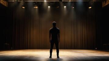 A Man Standing on a Stage in Front of a Dark Curtain photo