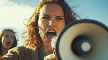 Woman with windblown hair shouting into megaphone photo