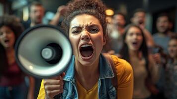 Woman Shouting into a Megaphone at a Protest photo
