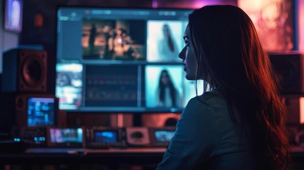 A Woman Sitting in Front of a Large Computer Monitor in a Dimly Lit Room photo