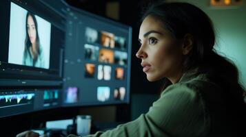 A Woman Editing Footage on a Computer Screen photo