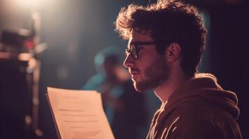 A Man with a Beard and Glasses Reading a Script on a Film Set photo