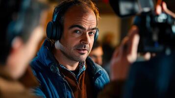 Man in Blue Jacket with Headphones Being Interviewed by a Cameraman photo