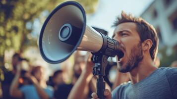 A Man Shouting into a Megaphone at a Protest photo