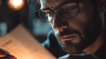 A man with glasses and a beard reads a document in dim light. photo