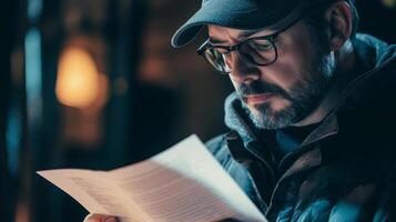 A man wearing a cap and glasses, reading a document in low light. photo