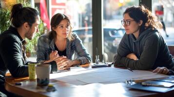 Three people collaborate around a table, working on a project with papers. photo