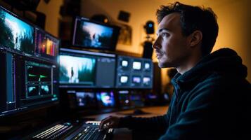 A man sits in a dark room editing on a computer. photo