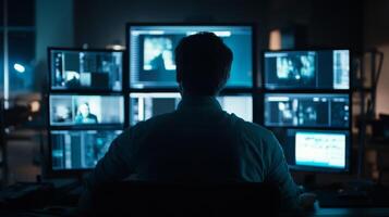 Silhouetted Figure Working at a Desk with Multiple Monitors photo