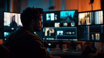A Man Working On Multiple Computer Monitors in a Dimly Lit Room photo