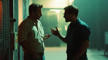 Two Men in a Dark Hallway Having a Discussion photo