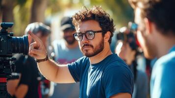 A Filmmaker Directing with a Camera and Gesturing with His Hand photo