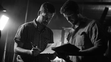 Two Men Discussing a Document in a Dimly Lit Room photo