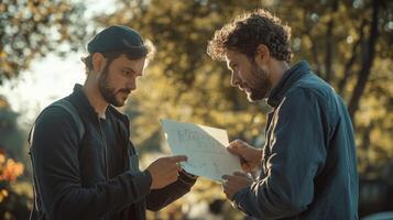 Two Men Discussing a Paper with Drawings in a Park photo