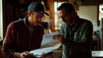 Two Men Reviewing a Blueprint in a Workshop photo