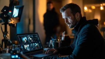 A Man Uses a Laptop to Edit Footage in a Dimly Lit Room photo