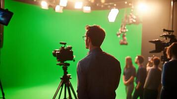 Man in Glasses Facing Green Screen with Cameras and Crew in Background photo