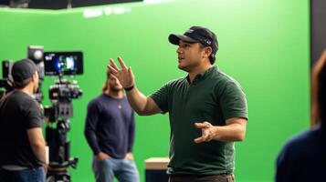 Man in Green Shirt Speaking to Camera in Studio photo