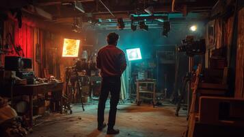 Filmmaker Standing in a Rustic Film Studio with Lighting Equipment photo