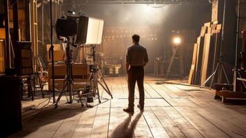 A lone man standing in a film set with equipment and lighting. photo