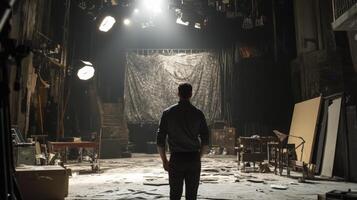 A Man Standing on a Stage with a Backdrop and Debris on the Floor photo