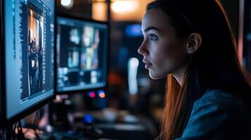 Woman Focused on Computer Screen in Dark Room photo