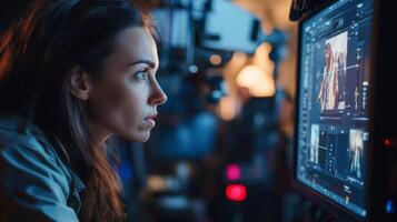 A woman focused on a editing screen photo