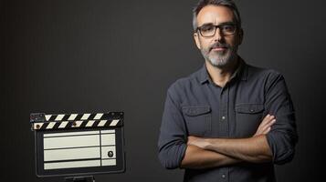 Man with a Grey Beard and Glasses Standing in Front of a Clapperboard photo