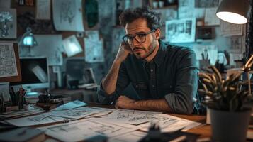 A Man in Glasses, Deep in Thought Over Sketches at His Desk photo