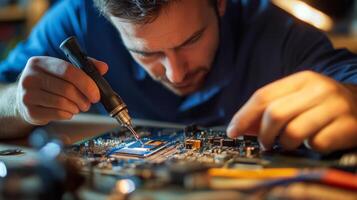Technician Soldering a Circuit Board with a Soldering Iron photo
