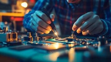 Close-up of a person soldering electronic components on a circuit board photo