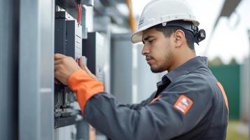 A Technician in a White Hardhat Works on a Control Panel photo