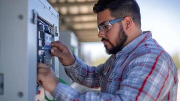 Electrician working on a electrical panel in a building photo