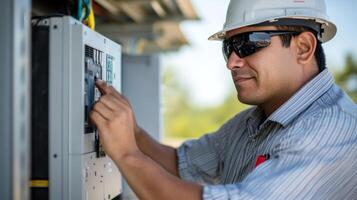 A Man in a Hard Hat and Safety Glasses Works on an Electrical Panel photo