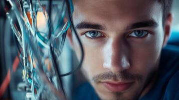 A Close-Up View of a Man's Face with a Blurry Background of Wires photo