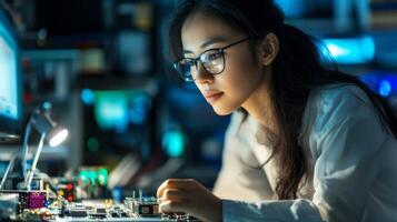 Woman in Glasses Working on Electronics in a Dark Room photo