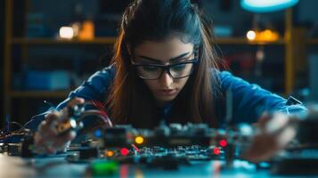Focused Woman Working on Electronics with Tools photo