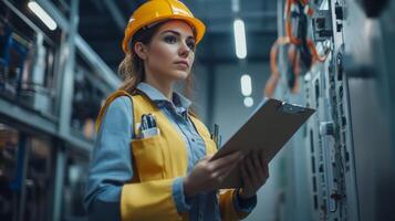 Female Engineer in Yellow Hard Hat Holding Clipboard in Factory Setting photo
