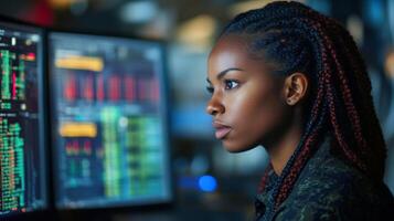Woman with Braids Looking at a Computer Screen Filled with Data photo