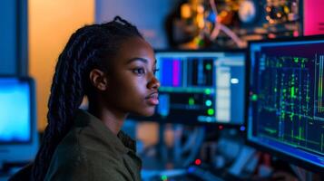 A Young Woman with Dreadlocks Concentrates on a Computer Screen photo